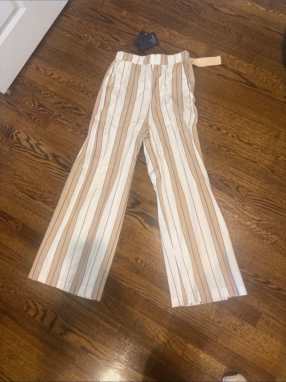 Wide-Leg Stripe Pull-On Pants in Cream & Tan